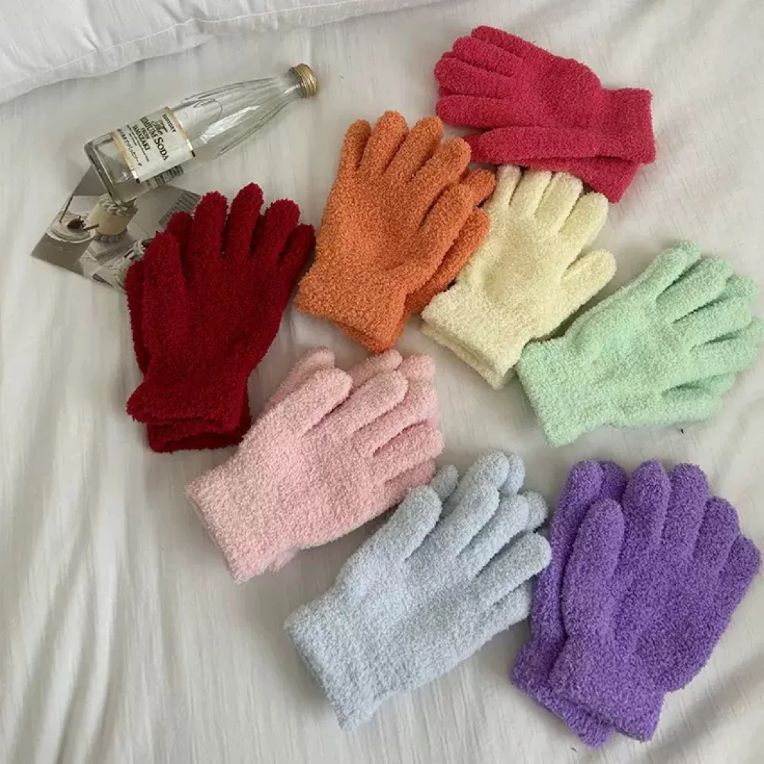 韩系可爱珊瑚绒分指手套女秋冬加厚保暖毛绒手套