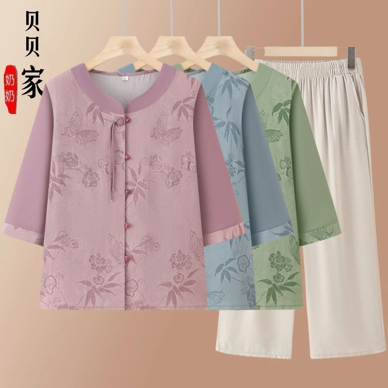 奶奶国风套装中老年人七分袖洋气衬衫2025年夏季新款老人衣服时尚