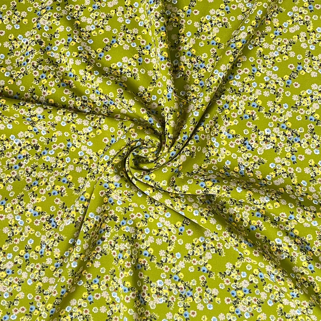 【云锦1店】241226-7号 雕印棉绸绿底黄蓝小雏菊 服装布料面料