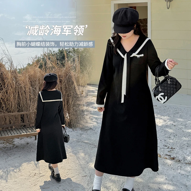 【红袖雨】大码女装减龄海军领长裙2025春季撞色收腰连衣裙121941