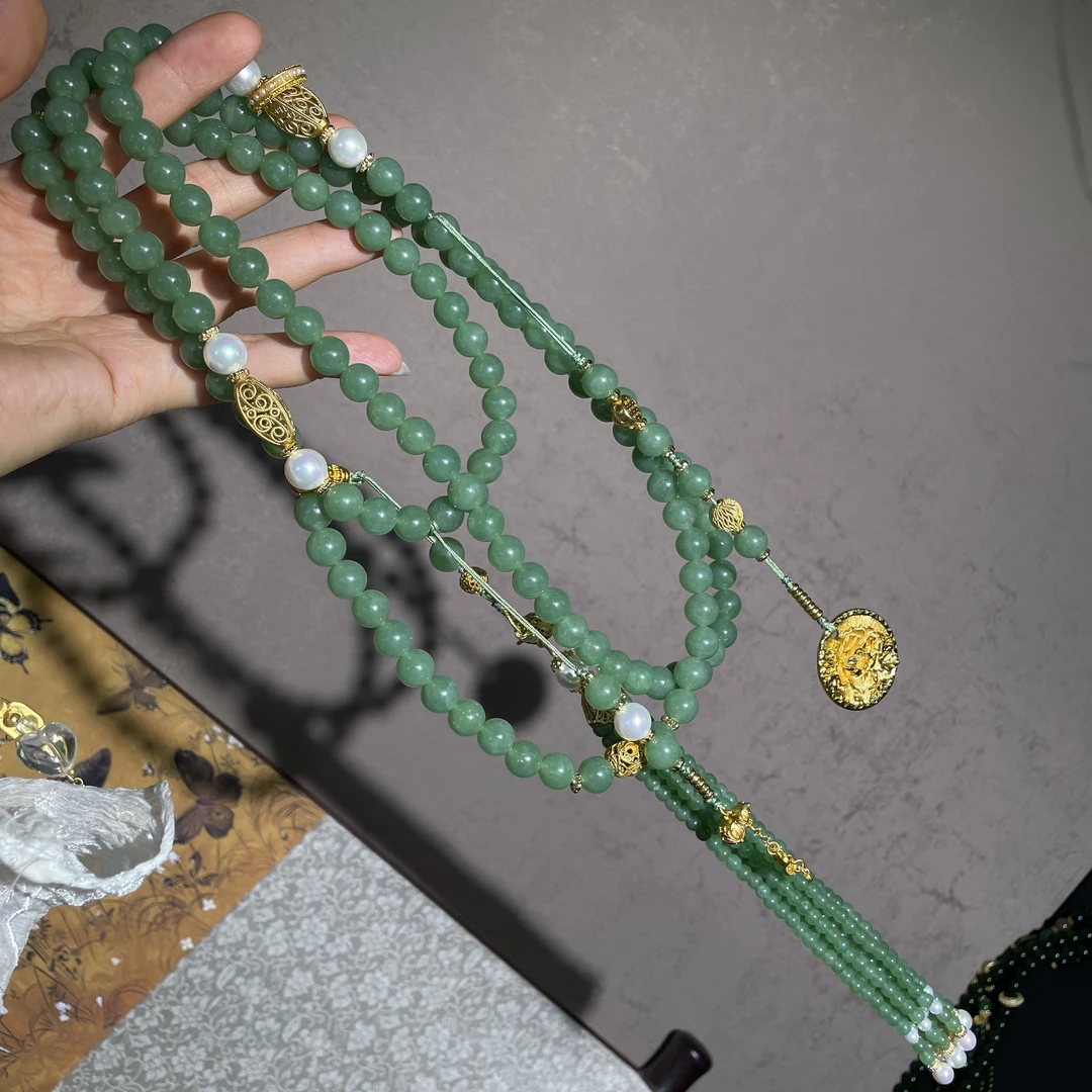 铜合金石英石项链 新中式国风斜跨链毛衣链长款项链可多圈叠戴