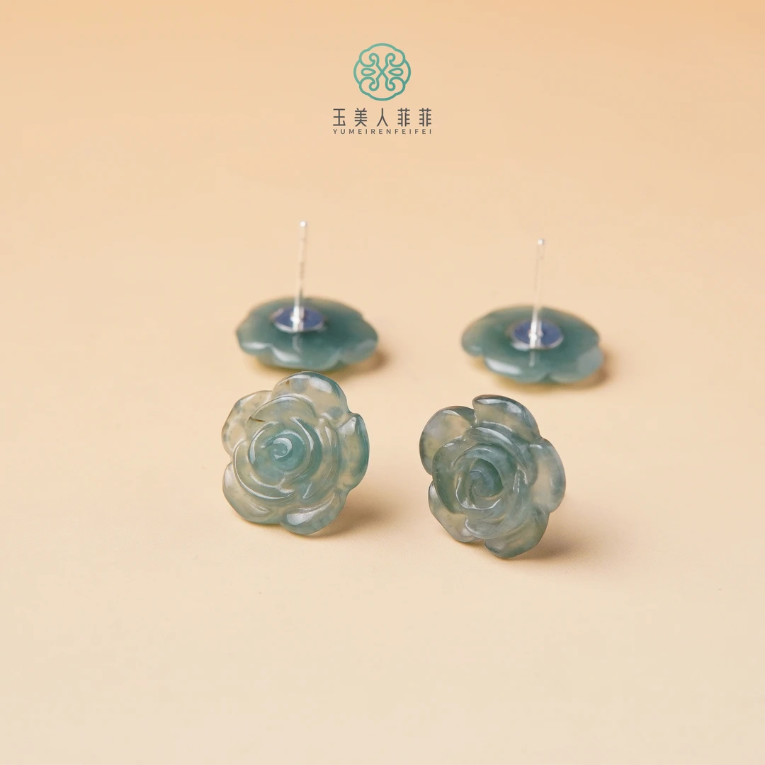 石惑珠宝~翡翠玫瑰花耳钉约13mm+-多样性发一