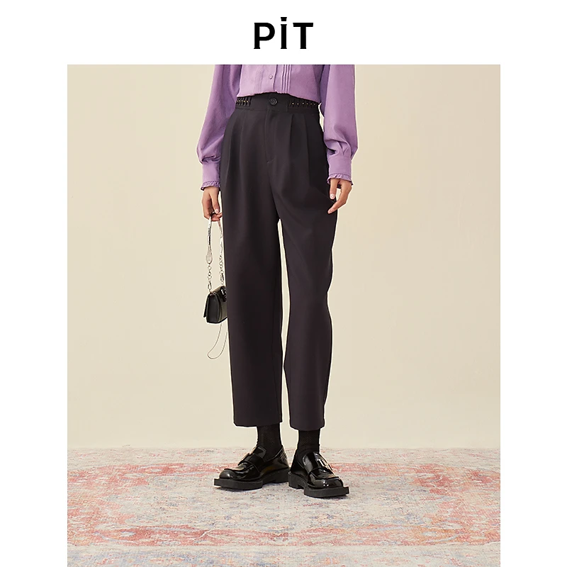 pit休闲舒适直筒裤百搭显高显瘦2024秋新款高腰钉珠黑色阔腿西裤