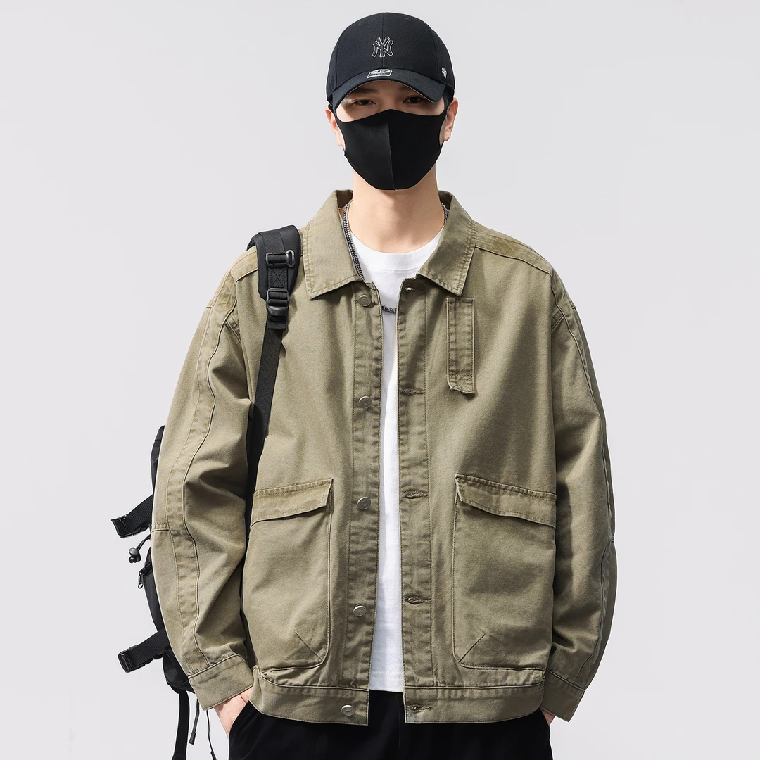高级感痞帅纯棉休闲夹克男2025春秋季新款宽松大口袋工装外套潮流