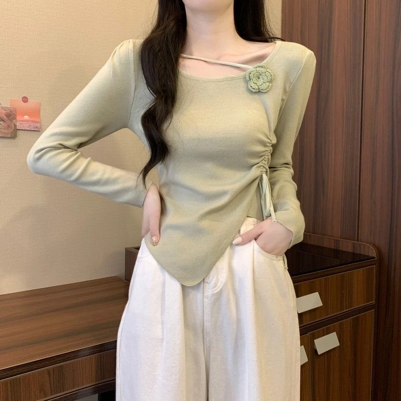 老钱风松弛感女装贵气K立体花朵长袖毛衫女春秋季新款抽绳收腰显