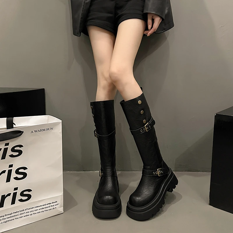 增高靴子长筒靴女秋冬厚底靴小个子两穿新款黑色高筒骑士靴百搭鞋
