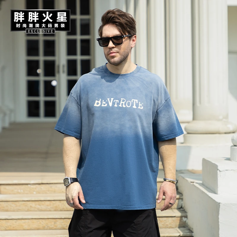 胖胖火星大码男装复古水洗做旧重工日晒渐变纯棉宽松圆领短袖T恤