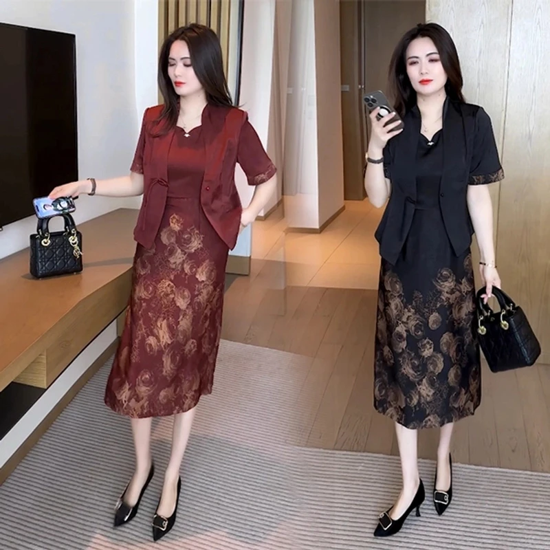 夏季新款穿搭新中式气质显瘦洋气时尚盘扣短袖套裙