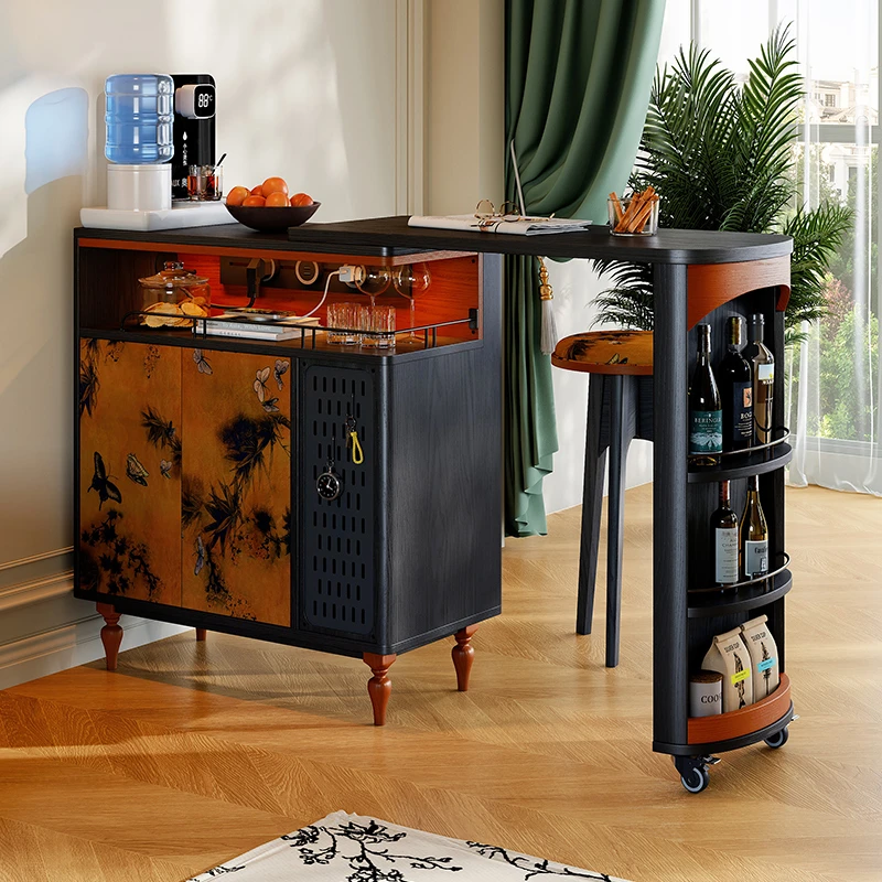 木子鱼 法式复古中古风伸缩吧台柜客厅沙发边柜家用实木隔断吧台