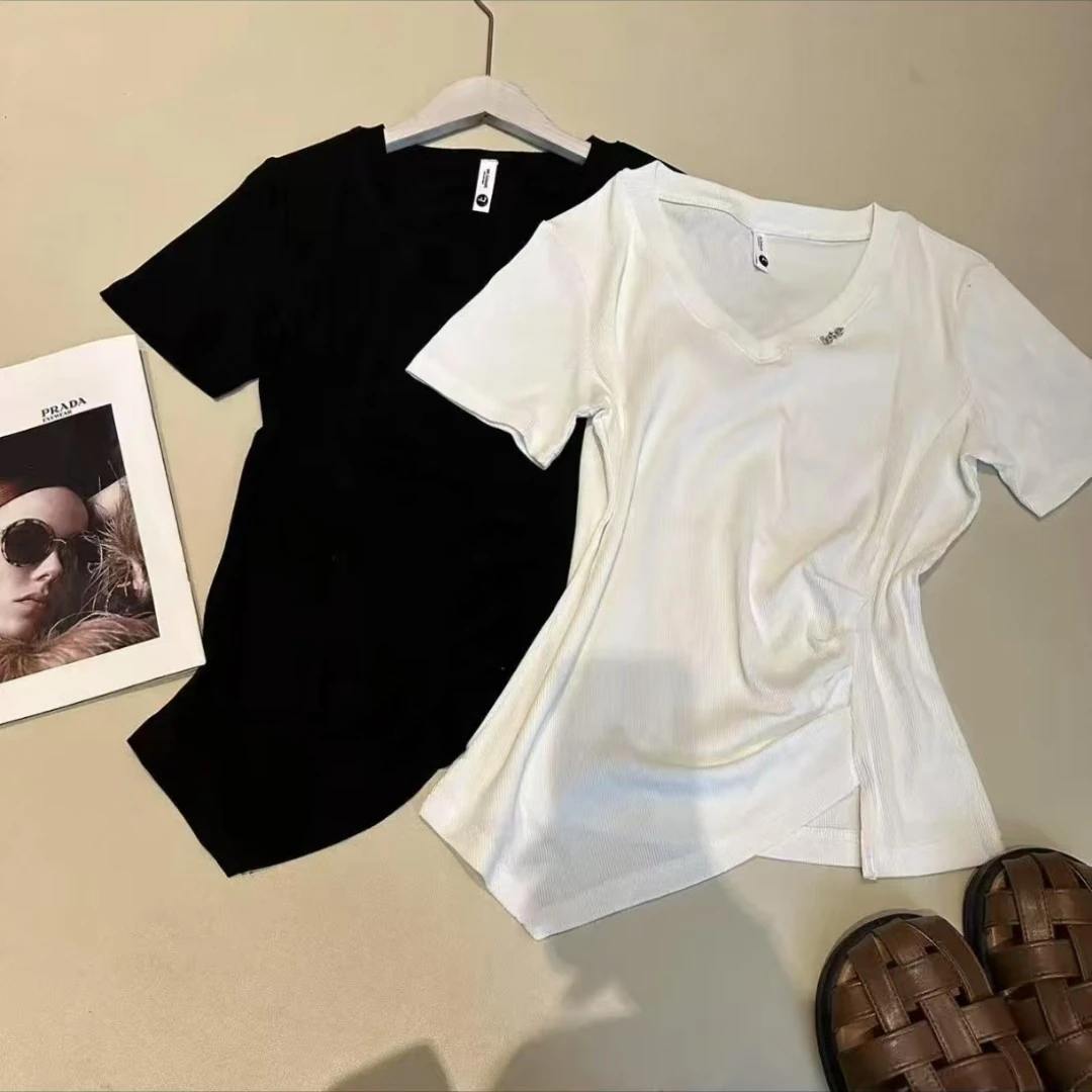 夏款V领设计感时尚百搭短袖显瘦上衣女