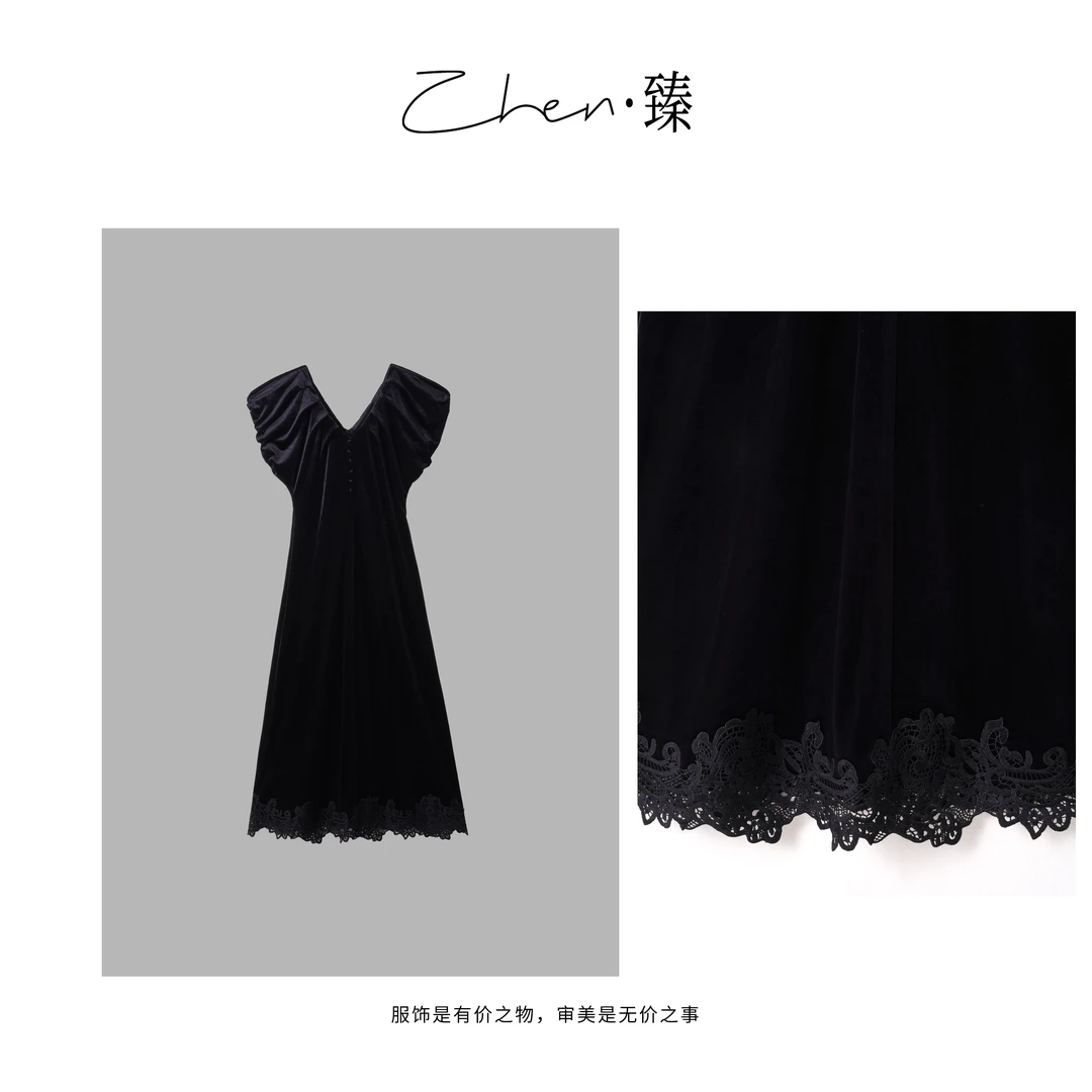 ZHEN.臻 法式轻奢v领轻礼服蕾丝钩花夏季醋酸显瘦连衣裙LYQ8218Z