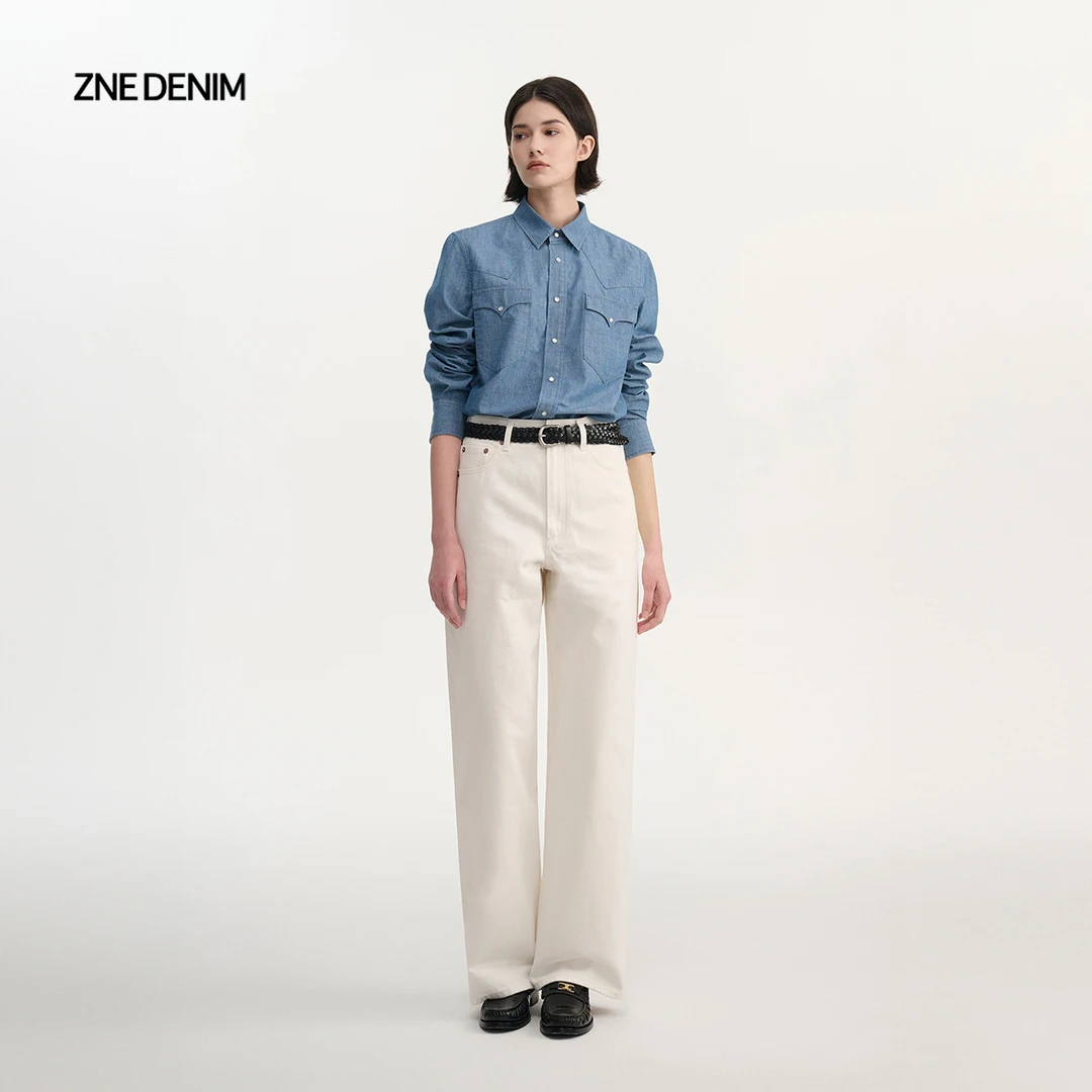 ZNE jeans写意法式匹马棉白色直筒牛仔裤TCP7781E