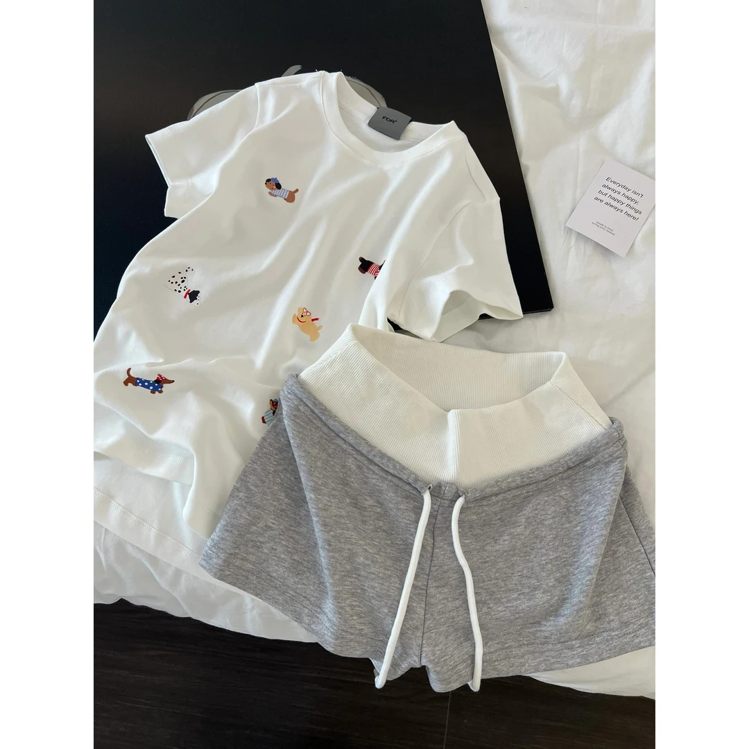 韩版甜美简约腊肠狗睡衣女夏季新款短袖短裤修身家居服套装可外穿