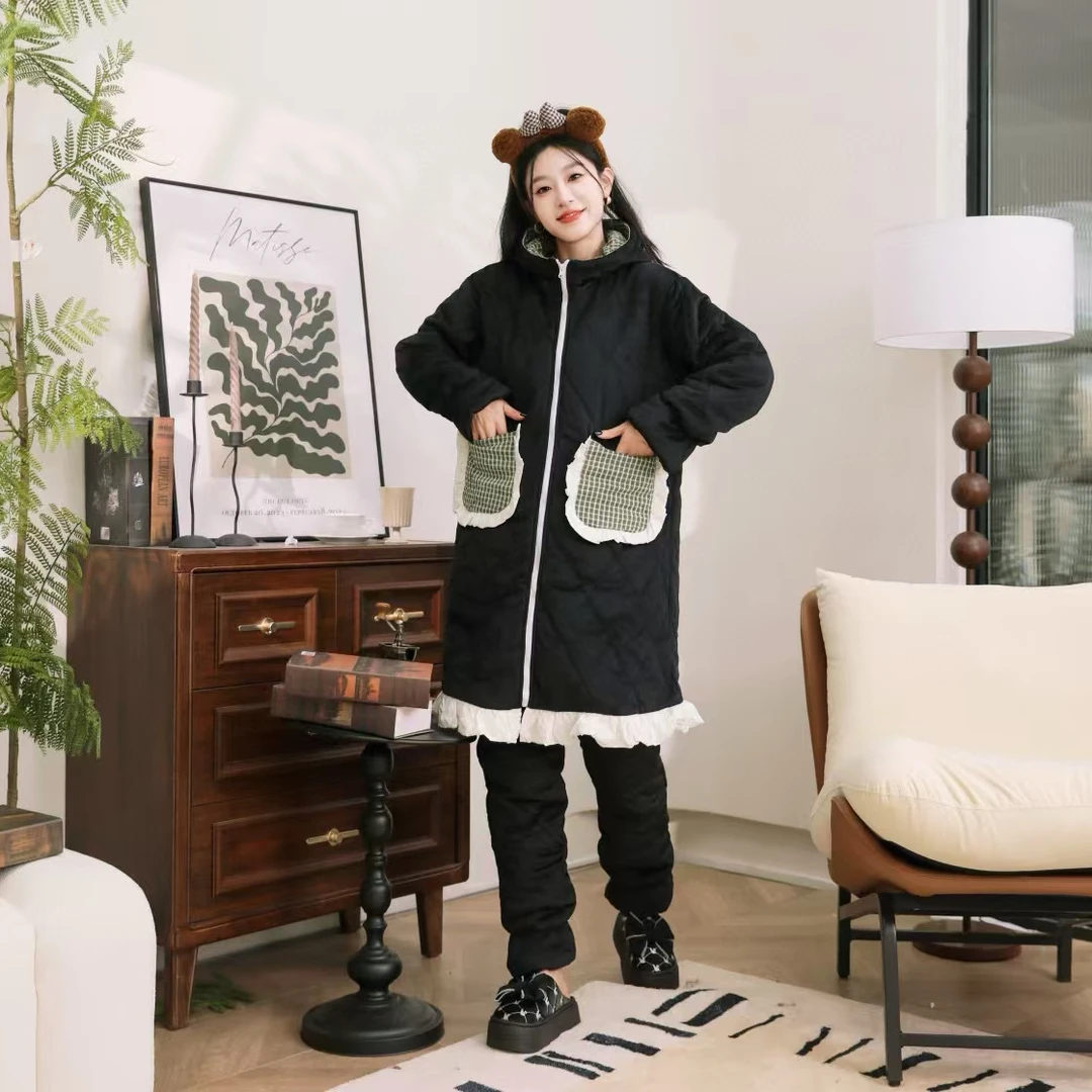 95-女士冬季加厚纯色系三层夹棉棉服袍裤套装