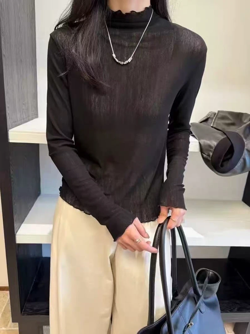 秋冬季女装纯色修身长袖打底衫别致木耳边半高领针织衫