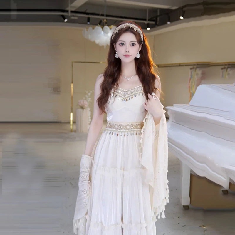 波西米亚流苏吊带收腰连衣裙2025夏季新款度假风高级感长裙裙子女