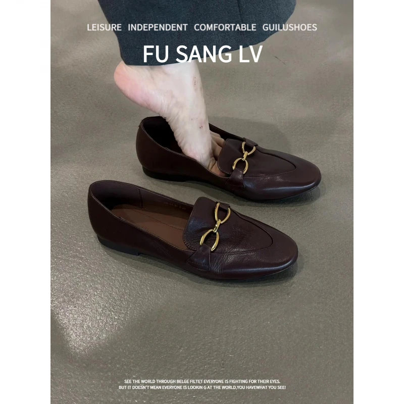 羊皮版~2025新款复古风圆头平跟不累脚一脚蹬简约百搭乐福鞋外穿