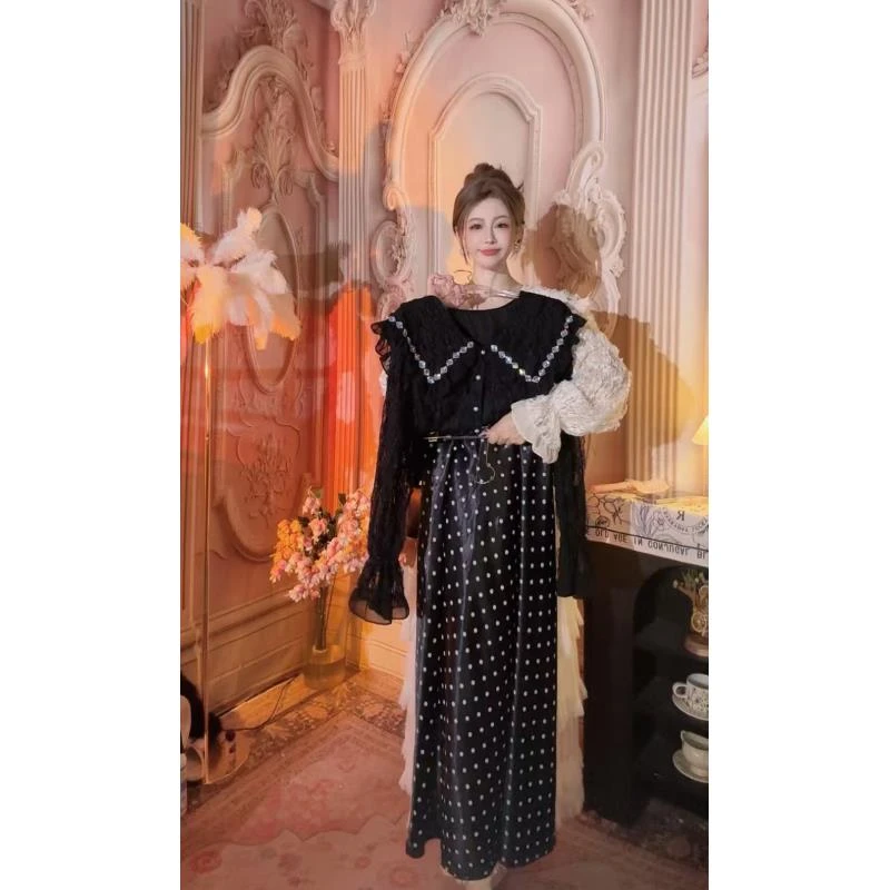 【崔】B0055优雅波点鱼尾长裙女2025春季款气质高腰显瘦半身裙