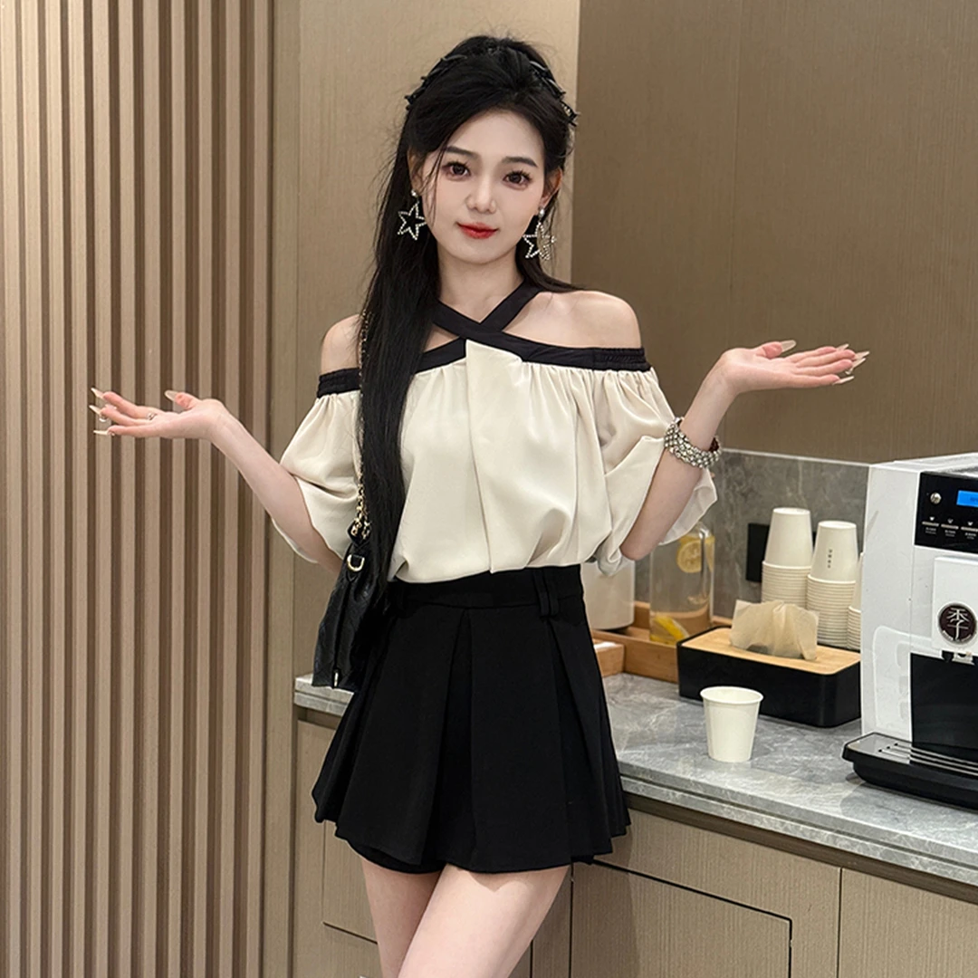 温柔风甜美短袖挂脖撞色泡泡袖露肩衬衫半身裙两件套装小个子穿搭