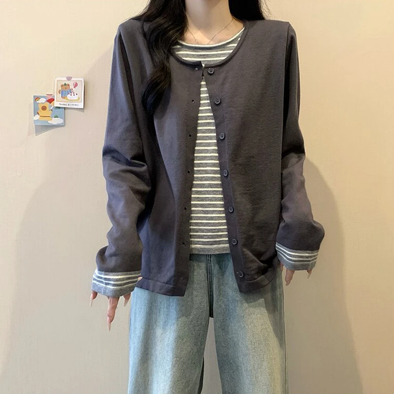 大码女装秋季假两件针织衫上衣胖mm显廋微胖女生洋气减龄遮肉毛衣