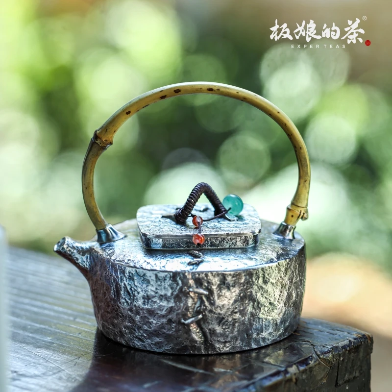 板娘的茶 纯手足银999做旧老竹泡茶银壶 异型方口设计160ml yh045