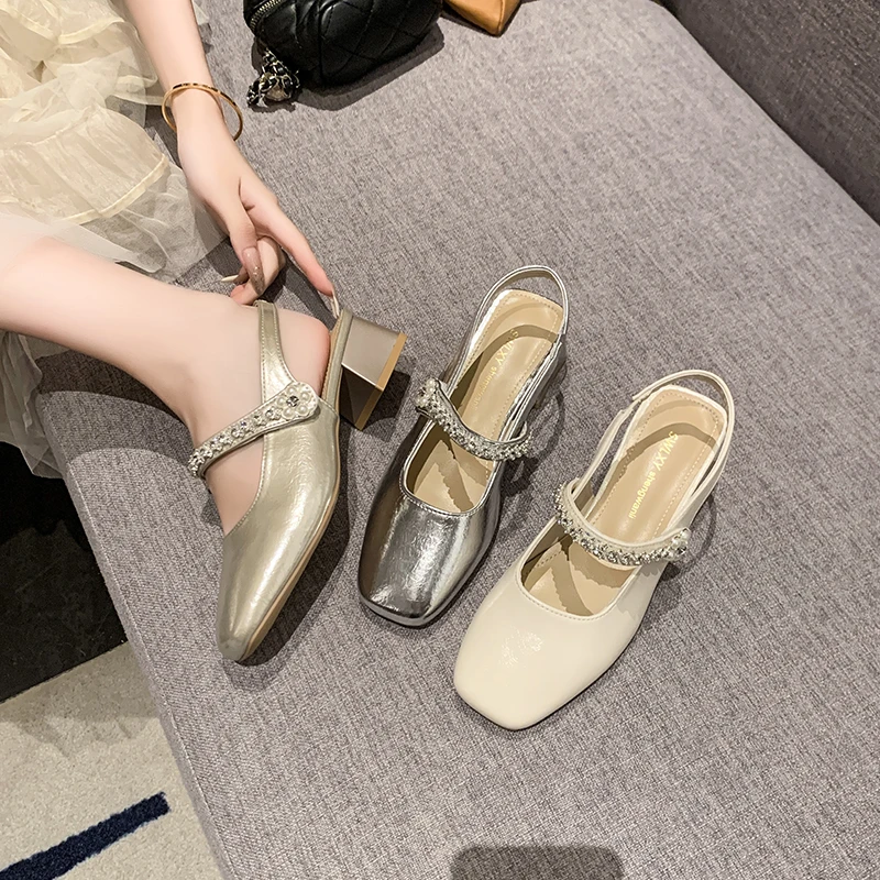 中跟粗跟气质胶粘漆皮单鞋法式百搭凉鞋水钻夏季方头