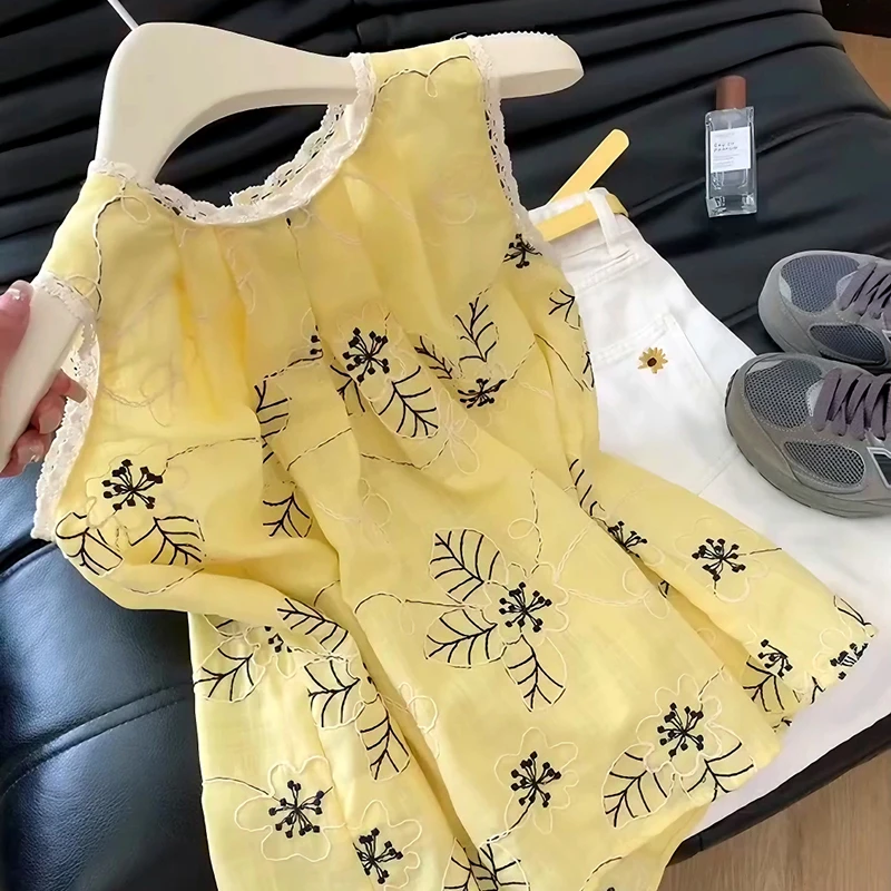 高级设计感显瘦修身提花刺绣无袖背心女夏季洋气花边压褶上衣潮