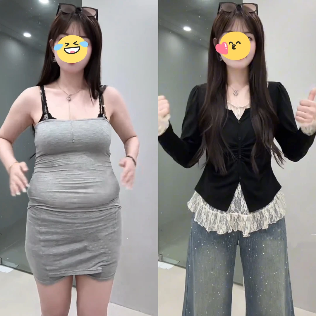 大码胖mm遮肉显瘦蕾丝拼接假两件长袖T恤女秋季收腰百搭正肩上衣