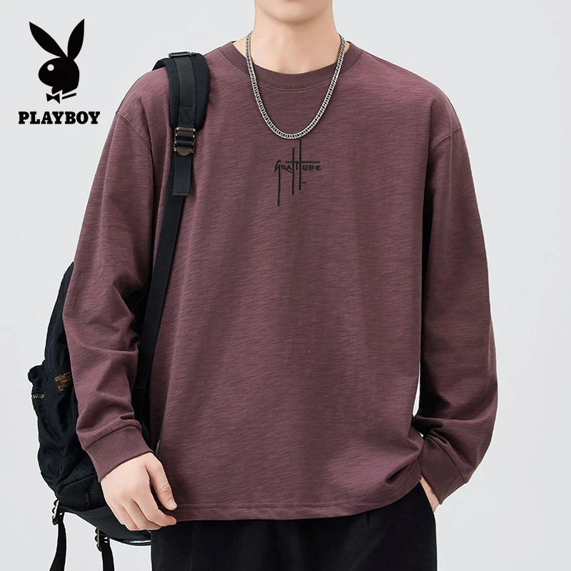 花花公子秋季新款长袖男士圆领卫衣宽松休闲打底衫百搭套头体恤衫