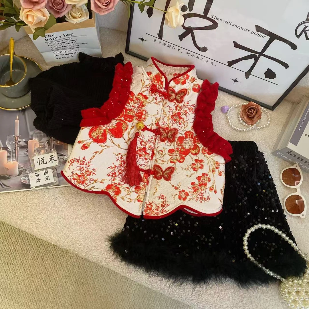 Y2【悦禾】萌娃冬装新款加厚女童马甲暖冬加绒裙子套装60385