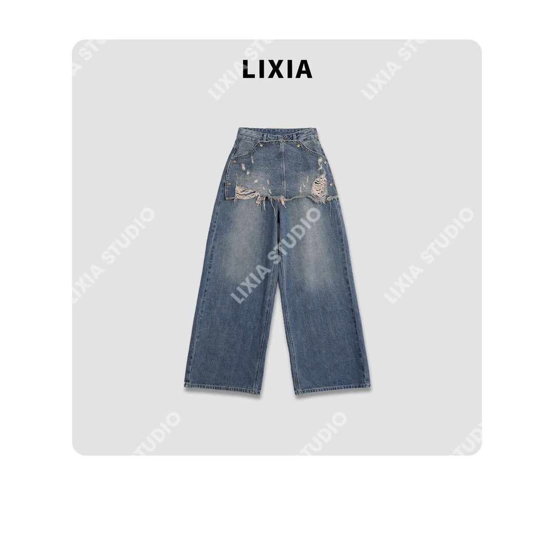 LIXIA【旧时光】韩版慵懒休闲风个性破洞流苏边阔腿牛仔长裤-D9197