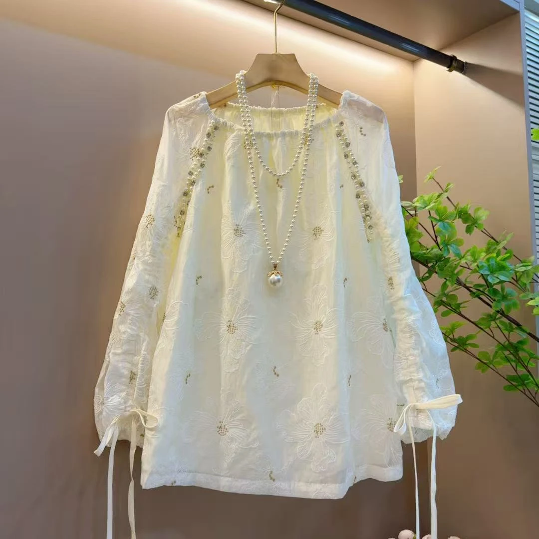 秋季新款减龄小清新一字肩重工珍珠设计感百搭上衣（长62左右）