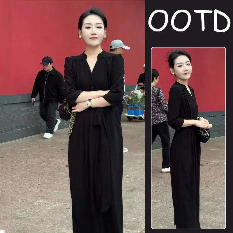 高级感洋气别致短袖连衣裙女2025夏季赫本风显气质系带收腰开叉裙