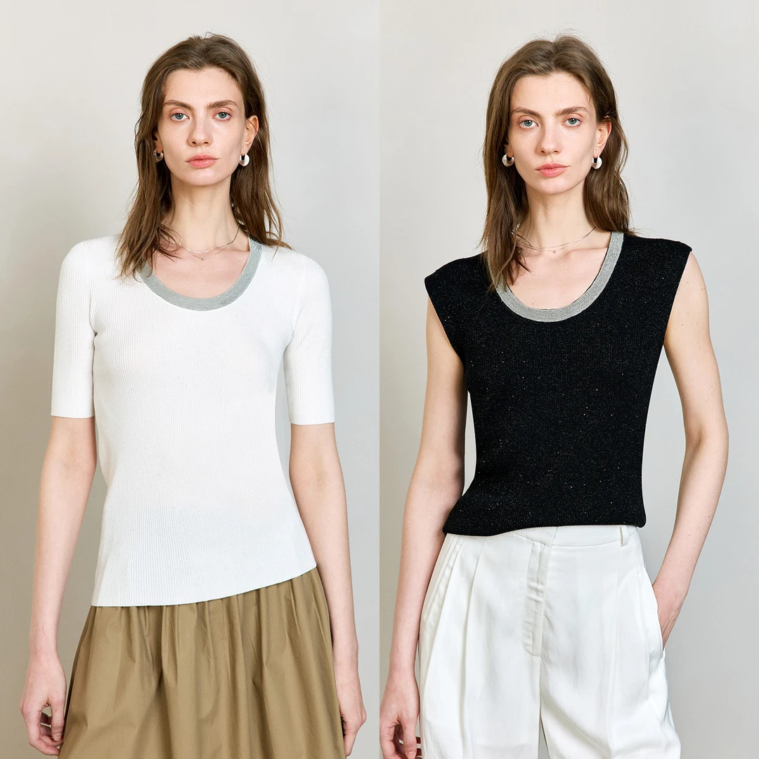 MARIUS“银河”气质轻奢小香风织带领针织夏季百搭背心针织短袖衫