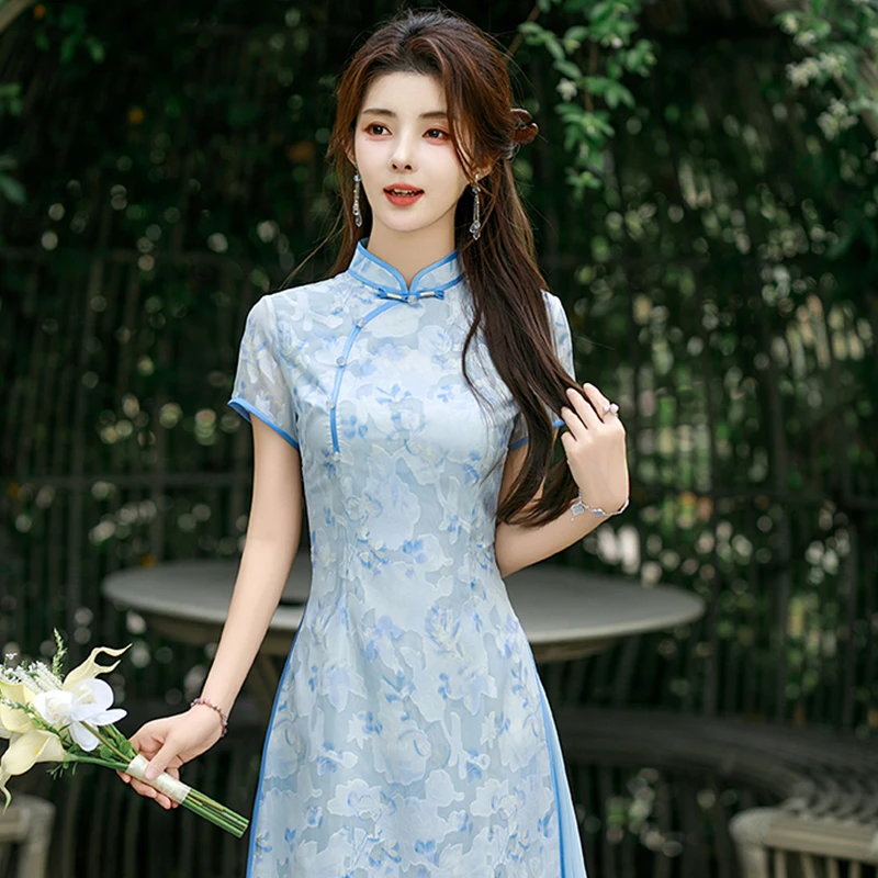 新中式旗袍2025夏季高端上海素雅国风礼服蓝色改良日常可穿连衣裙
