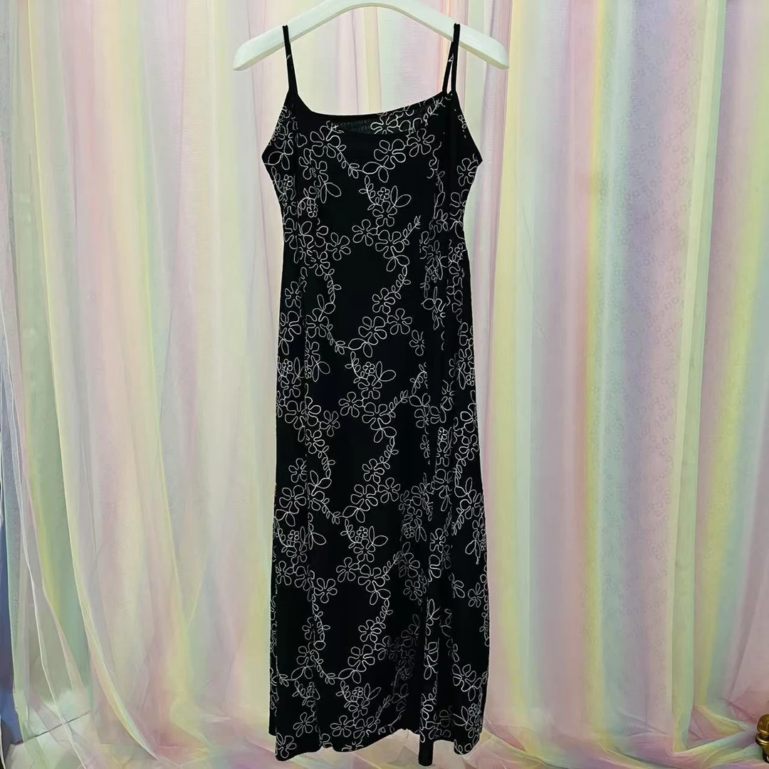 045黑色刺绣花吊带裙连衣裙显瘦045-3-3