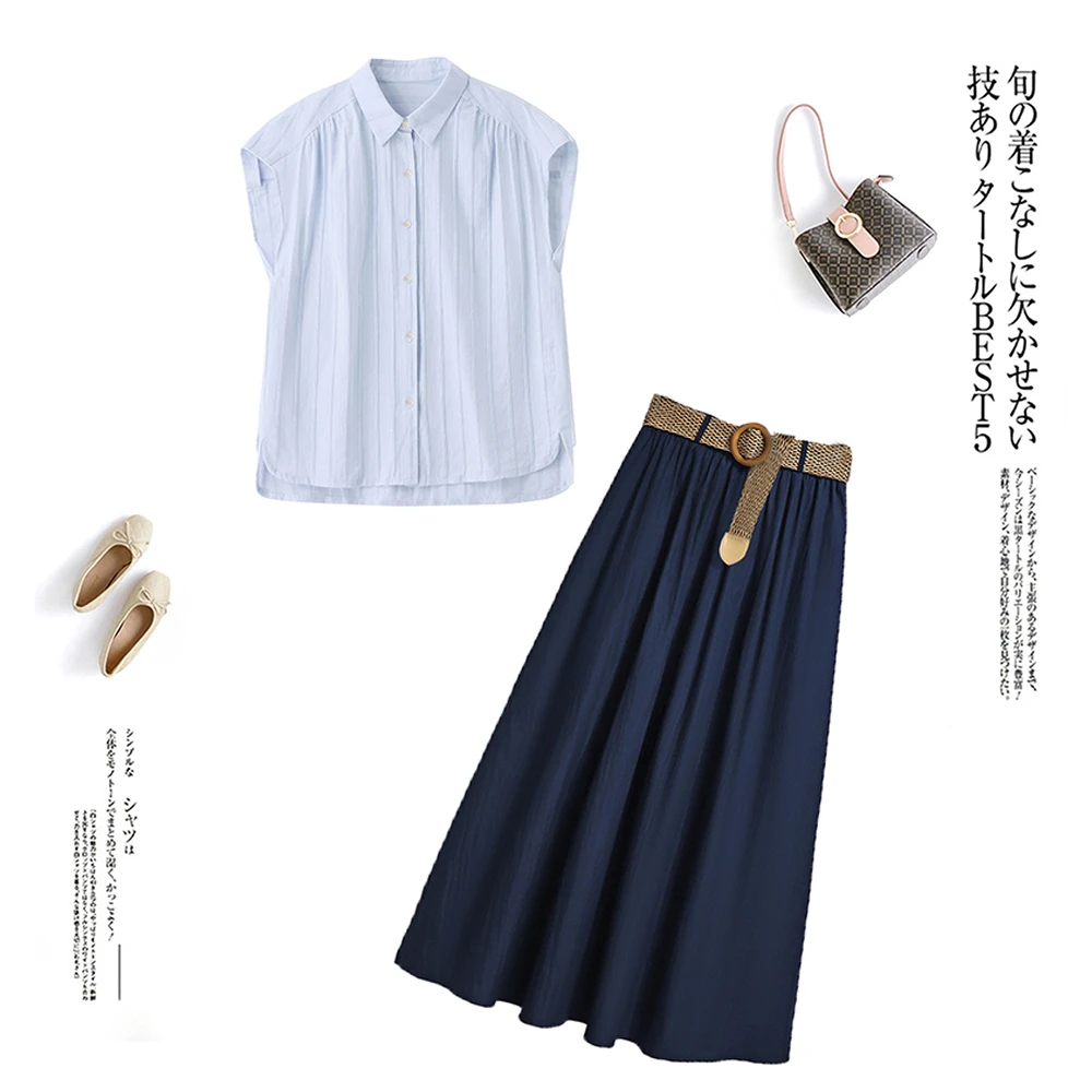 三件套2025夏季休闲通勤夏季衬衫+半身裙+腰带时尚宽松简约套装裙