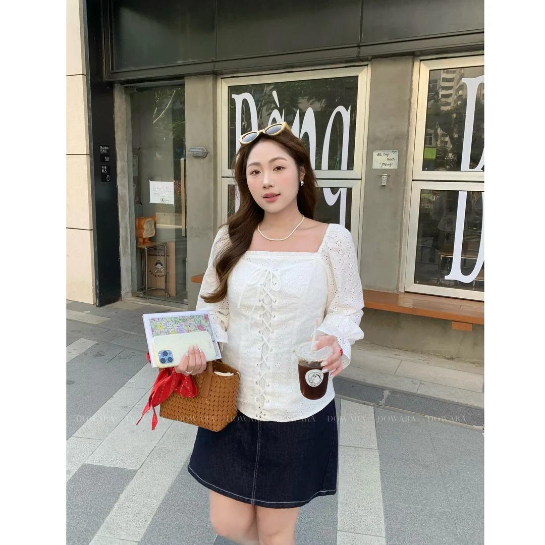 现货8000D大婉酱肉肉微胖定制【春日乐章】休闲复古方领荷叶袖小衫