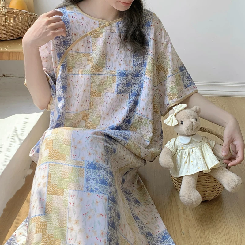 新中式国风连衣裙2025新款棉绸睡裙女薄款大码宽松加肥加大家居服