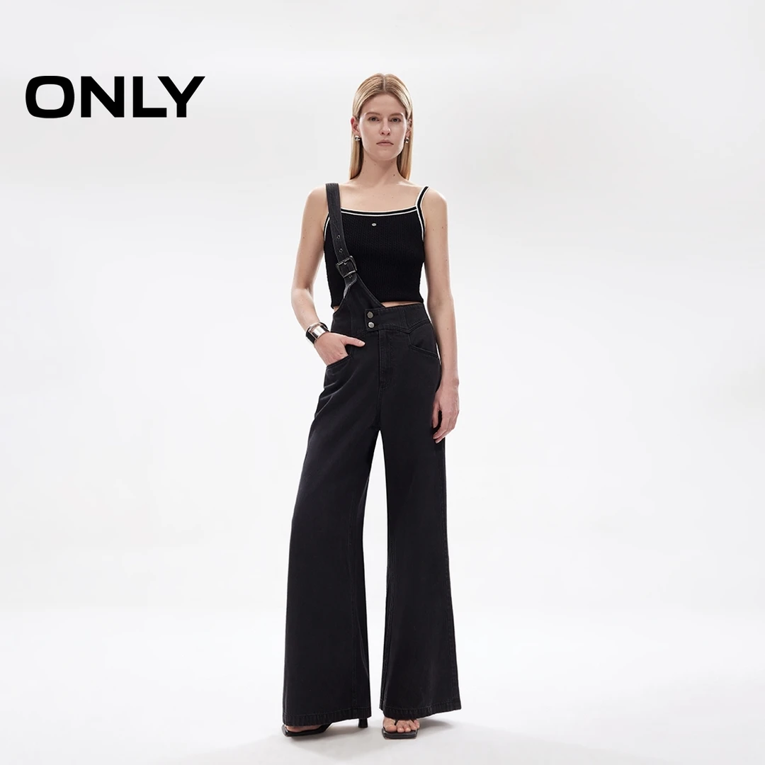 ONLY高腰背带裤“夏季新款”显瘦减龄宽松直筒牛仔裤女|12527M001