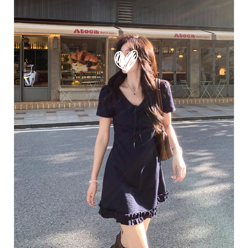 【伦敦夏令时】韩系高智感法式简约V领气质显瘦收腰连衣裙短裙女