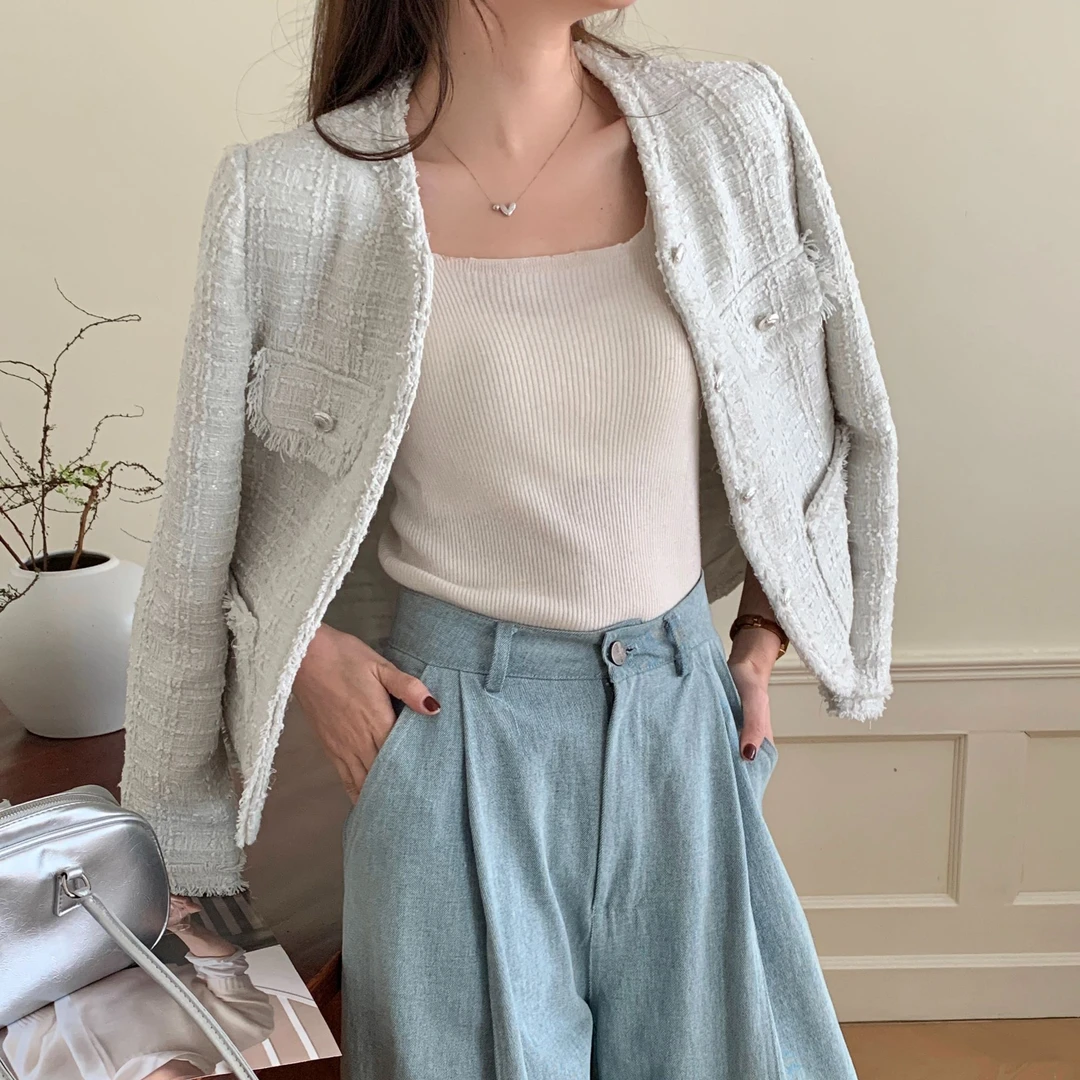 盐水蓝小香风春秋季开襟圆领拉毛短外套女士上衣5203