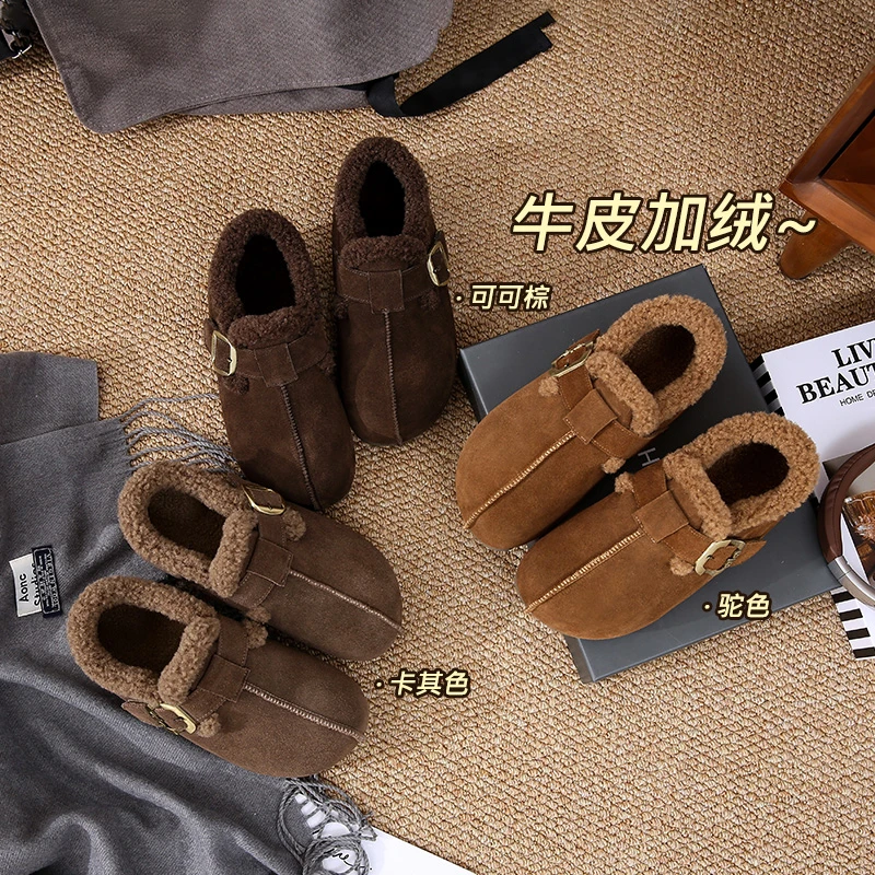 (麦)2025新款丑萌复古休闲平底内增高勃肯鞋女百搭加绒保暖棉鞋