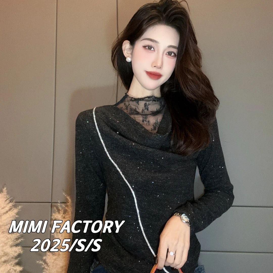 2025秋冬新款 蕾丝拼接斜向钻链设计时尚气质长袖洋气上衣1035#