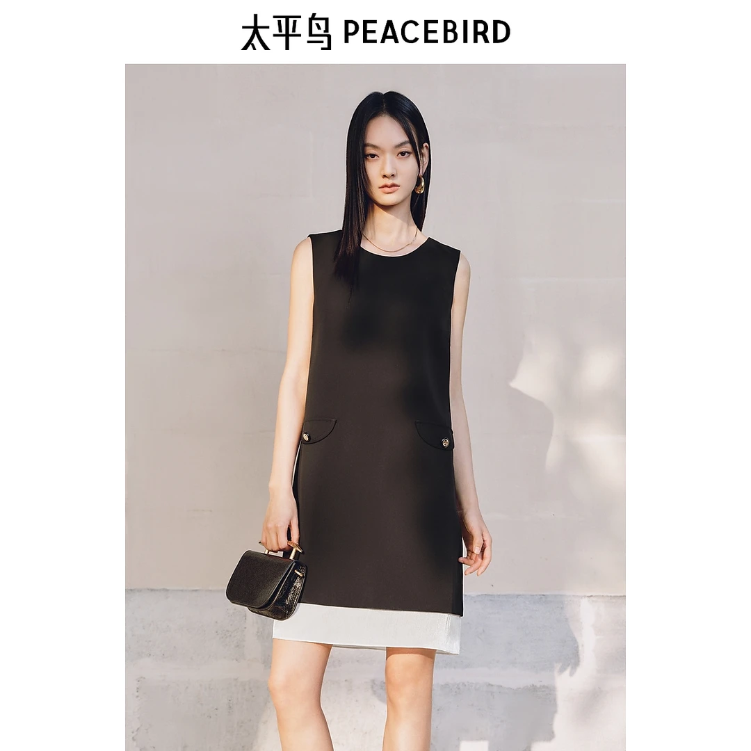 太平鸟夏季撞色背心裙短款法式小香风无袖直筒连衣裙AAFAF210E