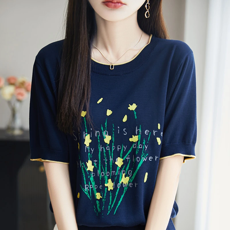 复古短袖薄款夏季气质毛针织衫印花宽松显瘦大码百搭时尚