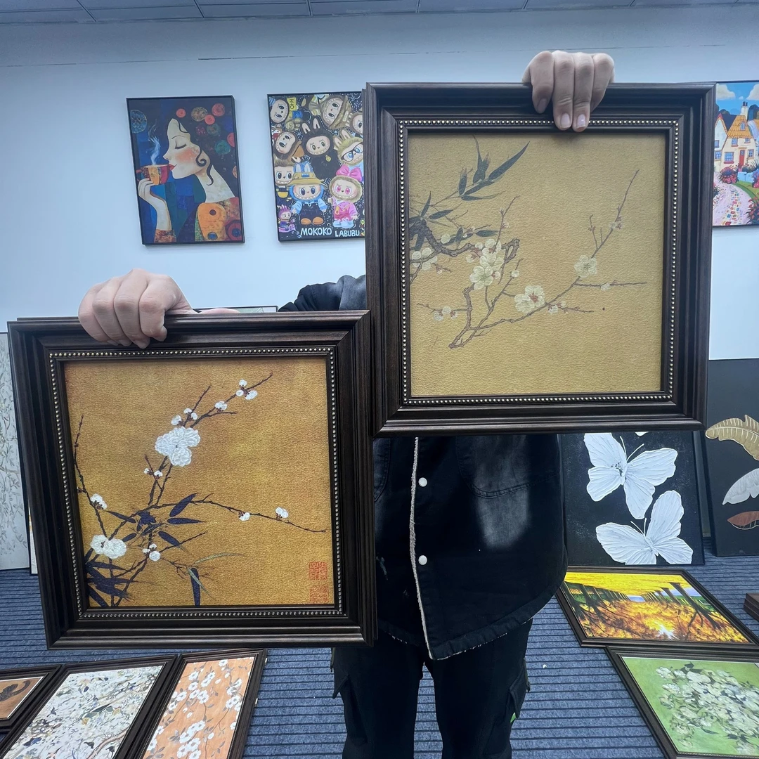 《双梅竹》中古风法式复古植物客厅餐厅玄关装饰画40-40*2 ED23欧棕