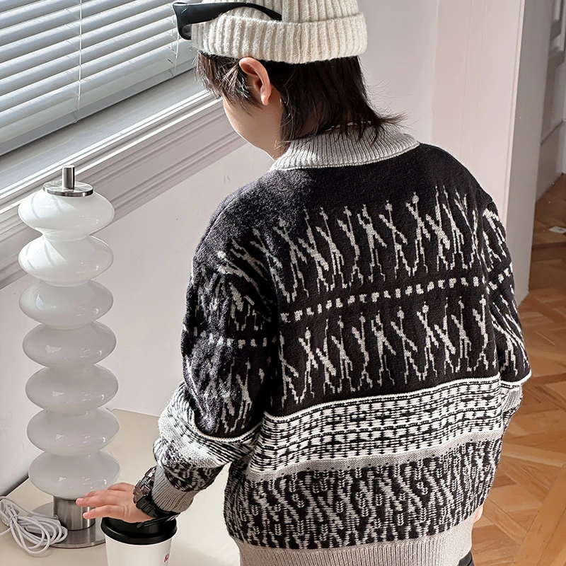 男童黑色提花毛衣秋冬款2025新款儿童软糯亲肤保暖针织衫中大童15