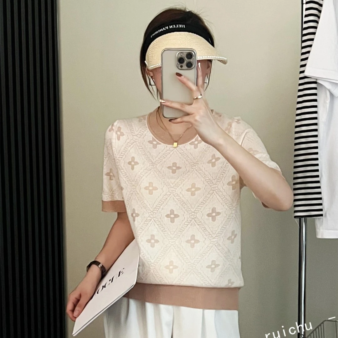 2095【四叶草浮雕针织衫】春夏新品撞色圆领短袖薄款女士上衣