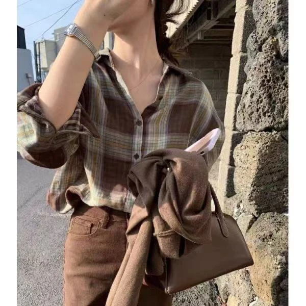 五色韩系时髦双层棉纱休闲格子长袖衬衫女早秋慵懒风宽松衬衣